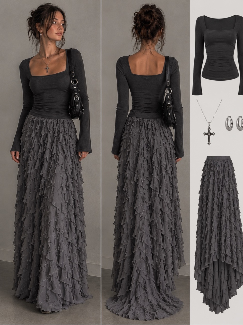 Free People Black Ruffle Maxi Skirt